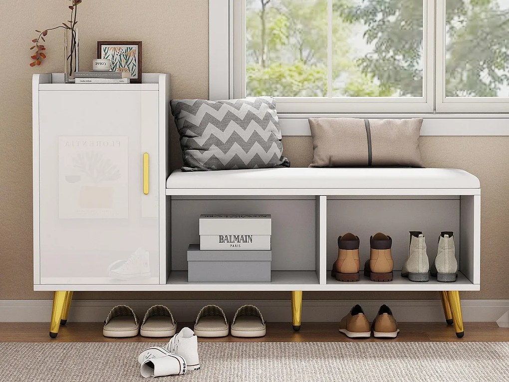 Szafka na buty - wielopoziomowe przechowywanie i wyściełane siedzisko - biała