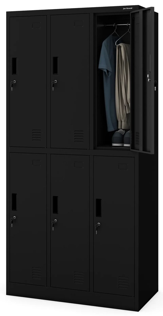 Szafka socjalna ubraniowa BHP czarna: 6-drzwiowa IGOR, 900 x 1850 x 450 mm
