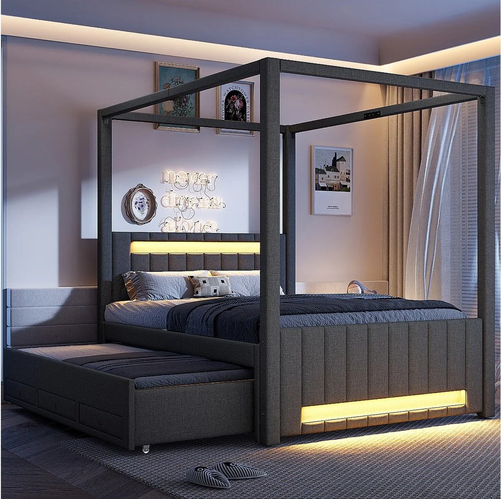 Łóżko tapicerowane z baldachimem - 140 x 200 cm - z łóżkiem wysuwanym 90 x 190 cm + 3 szuflady + oświetlenie LED - len + płyta MDF - szary