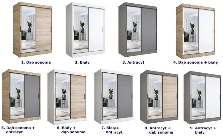 Szafa przesuwna z lustrem 150 cm biel + antracyt - Seko 4X