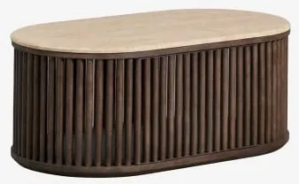 Ovalny Stolik Kawowy 90x50 Cm Z Drewna Mango I Naturalnego Kamienia Talix Trawertyn - Ciemne Drewno Mango - Sklum