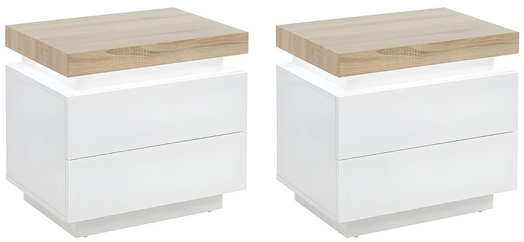 Zestaw 2 szafek nocnych - 2 szuflady - Lakierowana płyta MDF - Z oświetleniem LED - Biały i dąb - HALO II