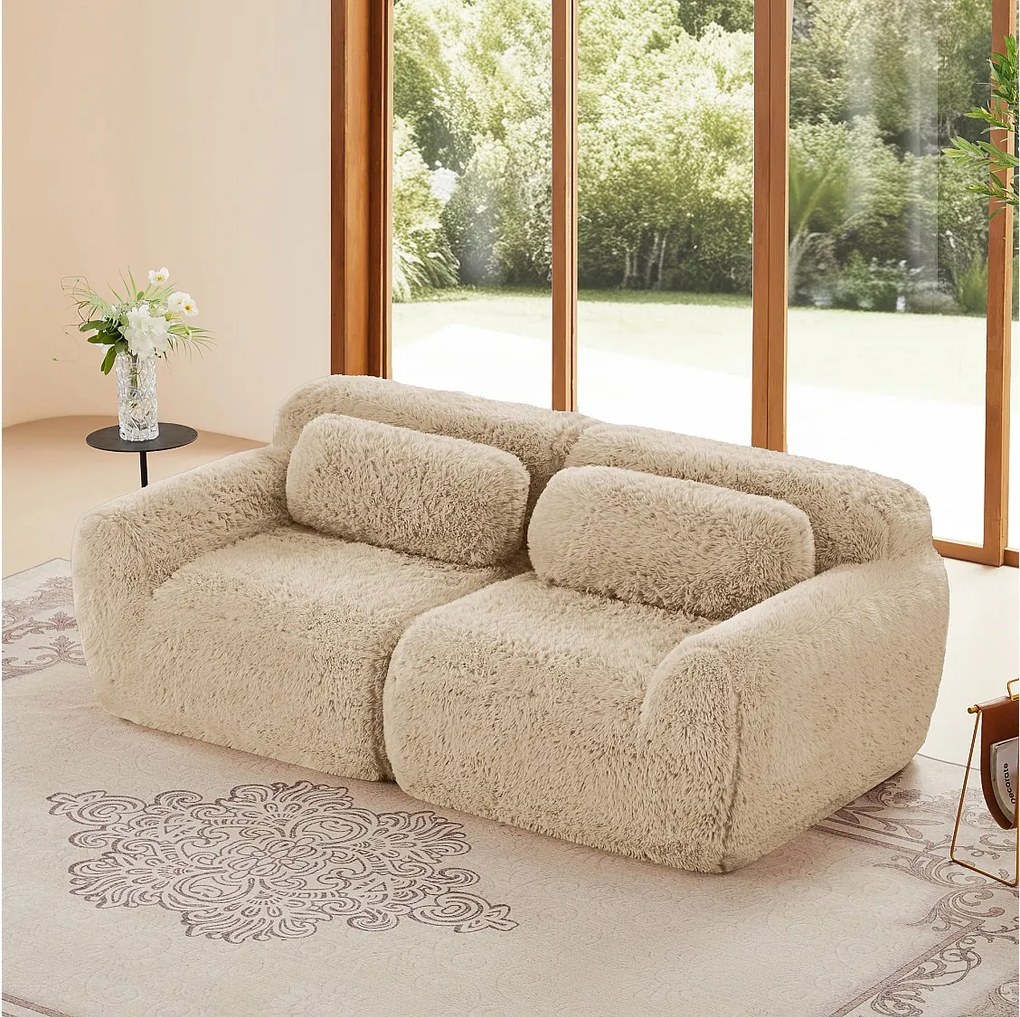 Modułowa Sofa 2-osobowa w tkaninie pluszowej, z 2 poduszkami, siedzenie ekstra głębokie 75cm, 204x104x73cm, Khaki