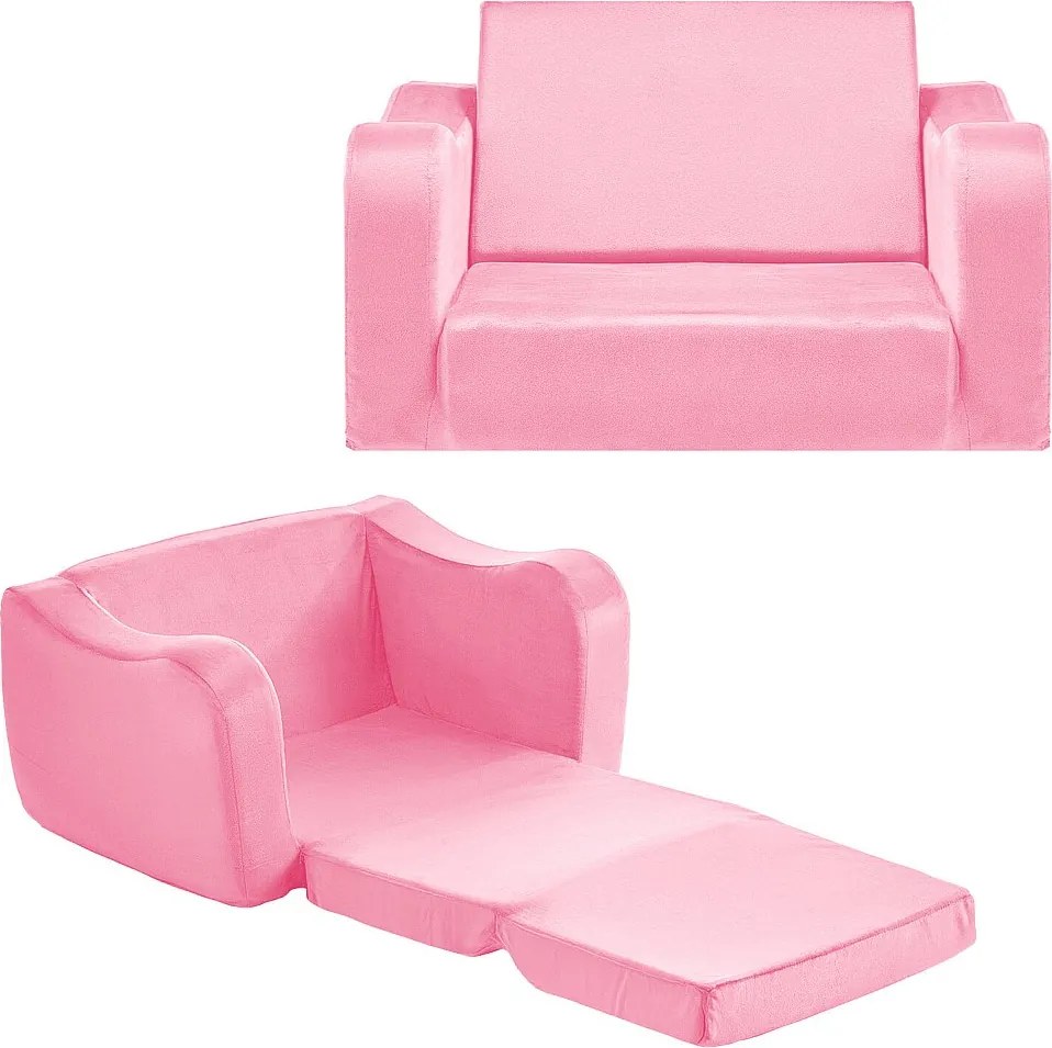 Kanapa dla Dzieci SucceBuy 2-w-1 Przekształcana w Leżankę, Składane i Miękkie Łóżko Kanapowe, z Podłokietnikami, z Gąbki 28D i Krótkim Włosiem, Różowy, M