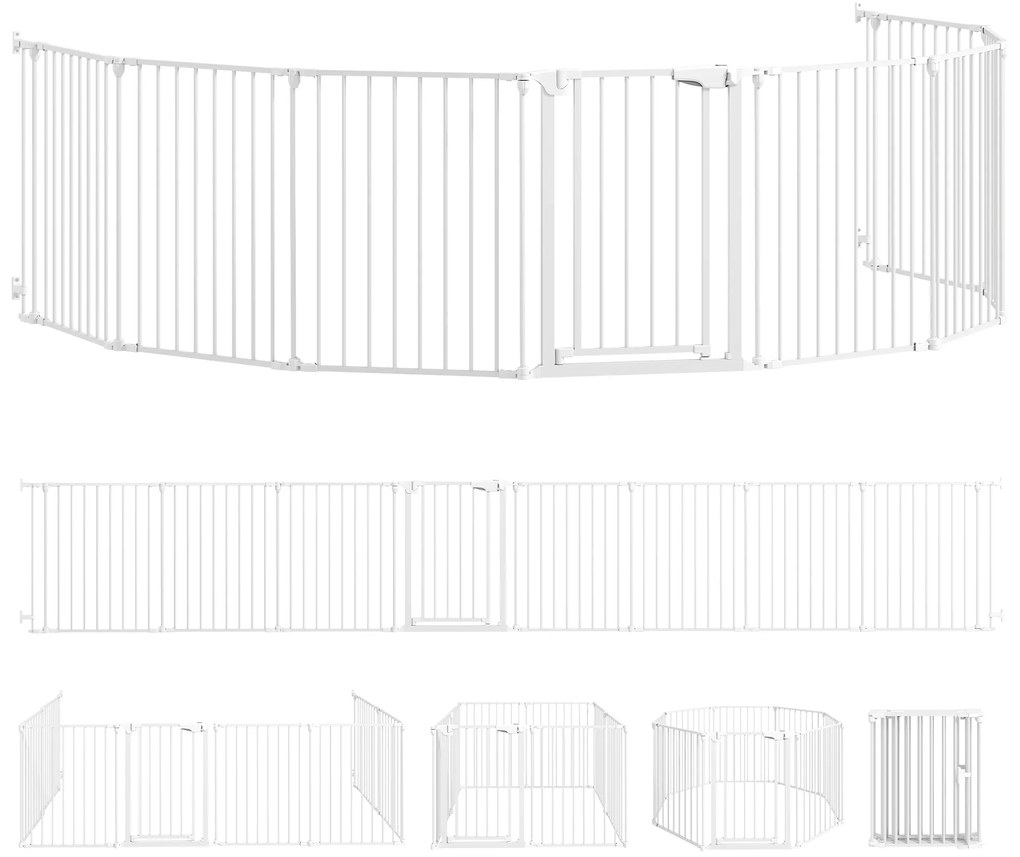 PawHut Ogrodzenie dla zwierząt, 8-panelowa bariera z drzwiami, składana, dla małych i średnich psów, tworzywo sztuczne, stal węglowa, Biały
