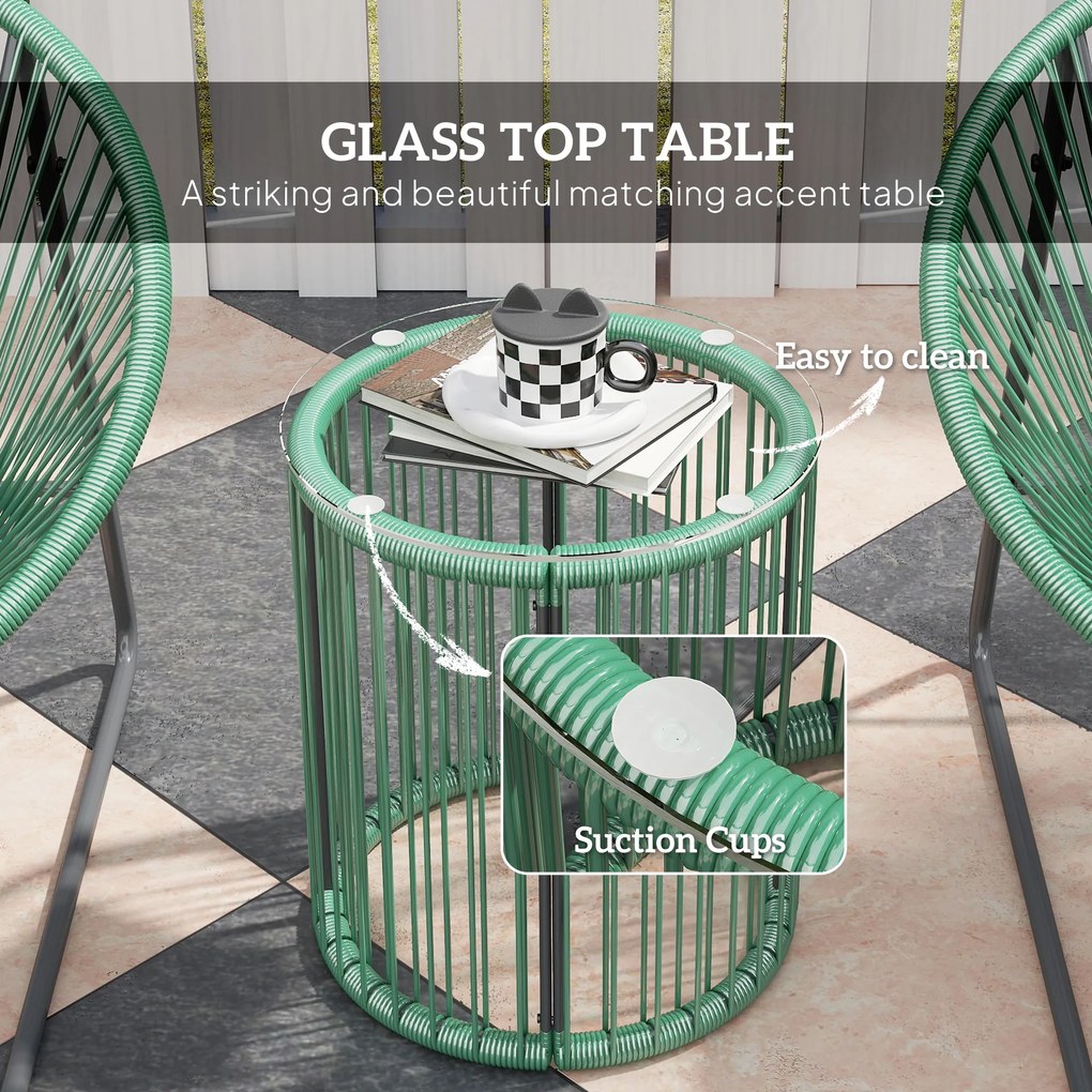 Outsunny 3-częściowy Zestaw Mebli Zewnętrznych, 1 Stół, 2 Krzesła, Blat z Szkła Hartowanego, Rattan Tworzywa Sztucznego na Stalowej Ramie, Miękkie Poduszki, Kolor Zielony