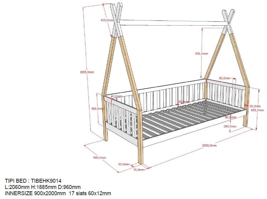 Białe łóżko dziecięce z barierką Vipack Tipi, 90x200 cm