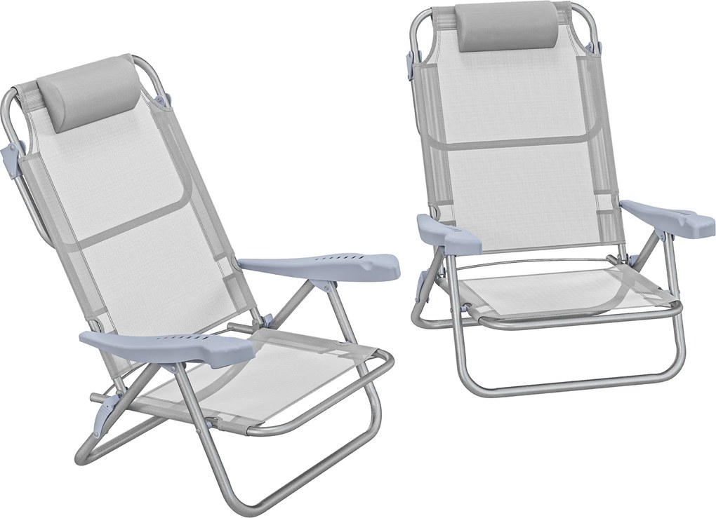 Outsunny Zestaw 2 Krzeseł Campingowych Składanych z 6-stopniową Regulacją Oparcia Siateczkowym Zagłówkiem 62 x 65 x 80 cm Jasnoszary | Aosom PL