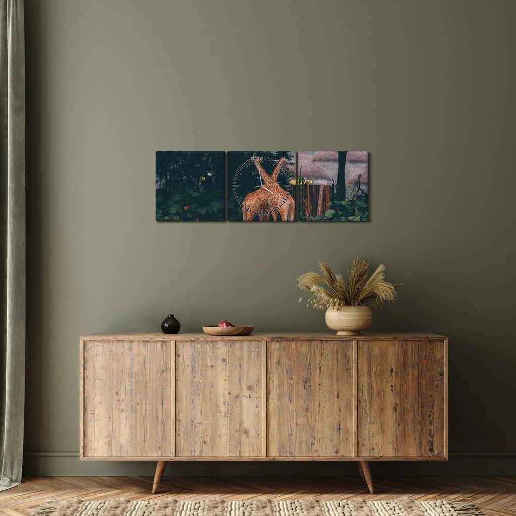 Obraz dwóch żyraf (z zegarem) (90x30 cm)