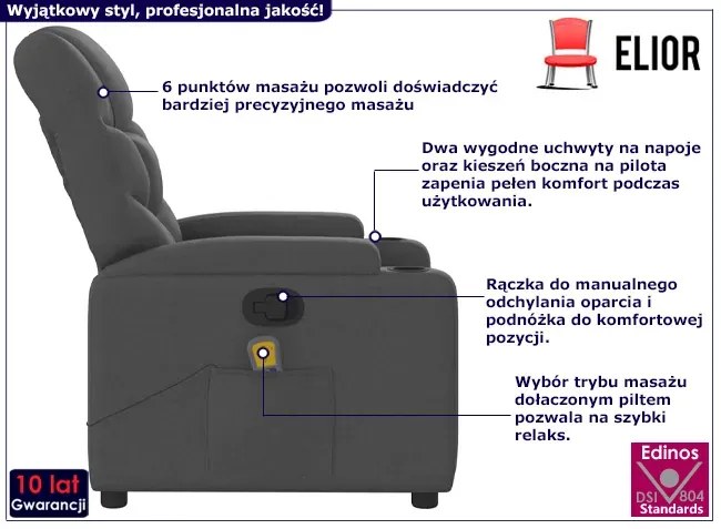 Szary fotel z regulacją oparcia i masażem Davana
