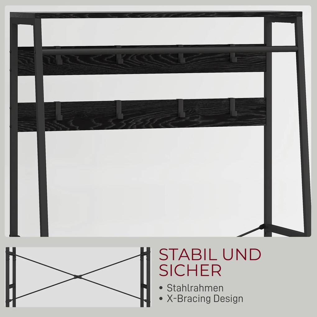 HOMCOM Stojak garderobiany z półką na buty w stylu industrialnym, 2 szuflady z materiału, 8 haczyków, metalowa rama, Czarny