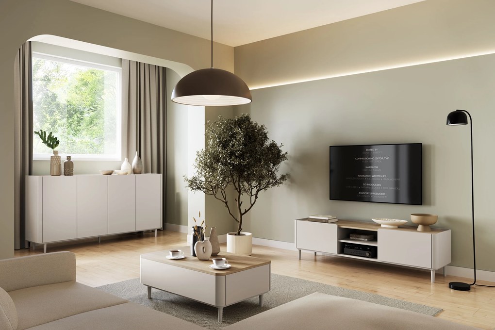 Komoda Elivo 200 cm czterodrzwiowa na nóżkach - kaszmir / dąb olejowany