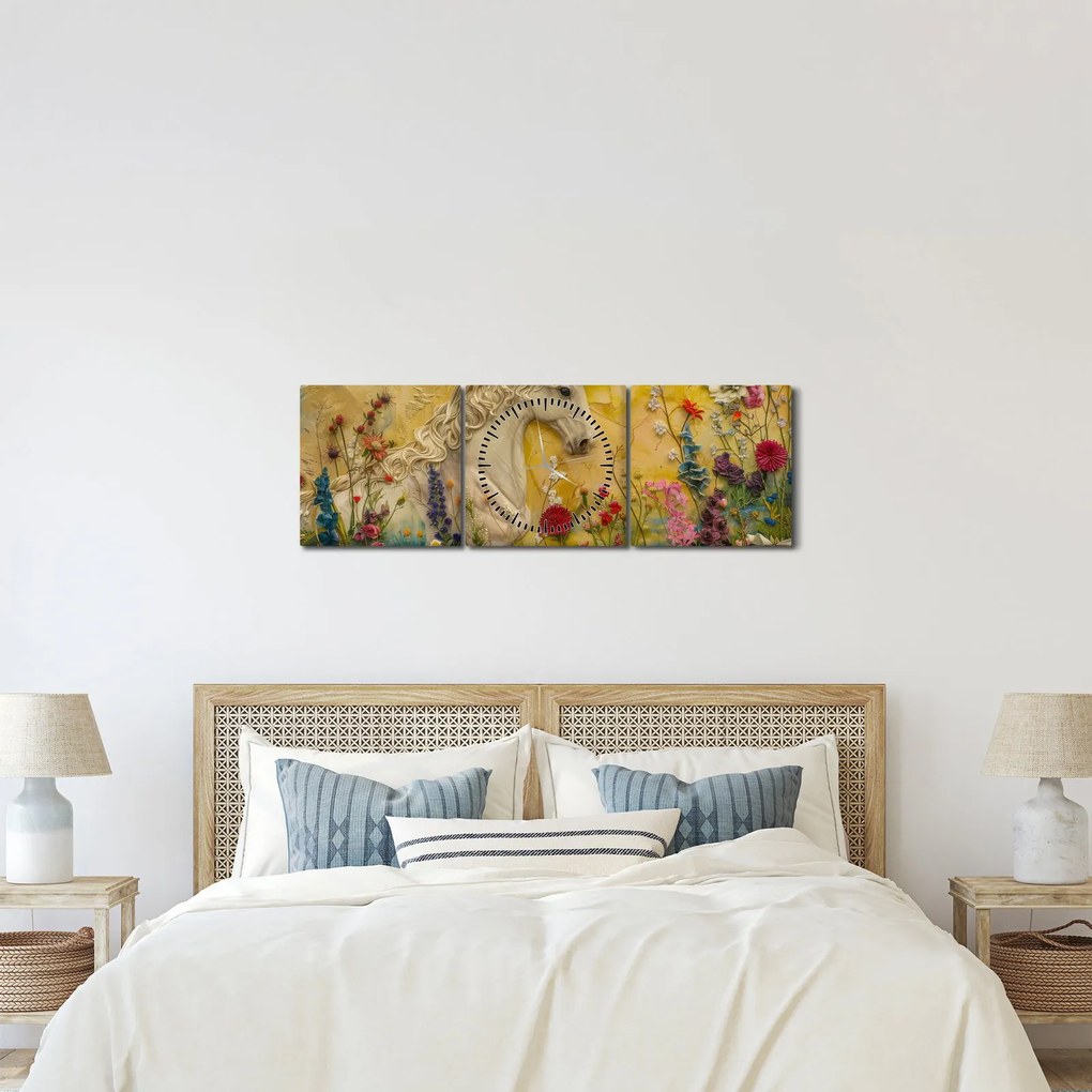 Obraz - Jednorożec z kwiatami (z zegarem) (90x30 cm)