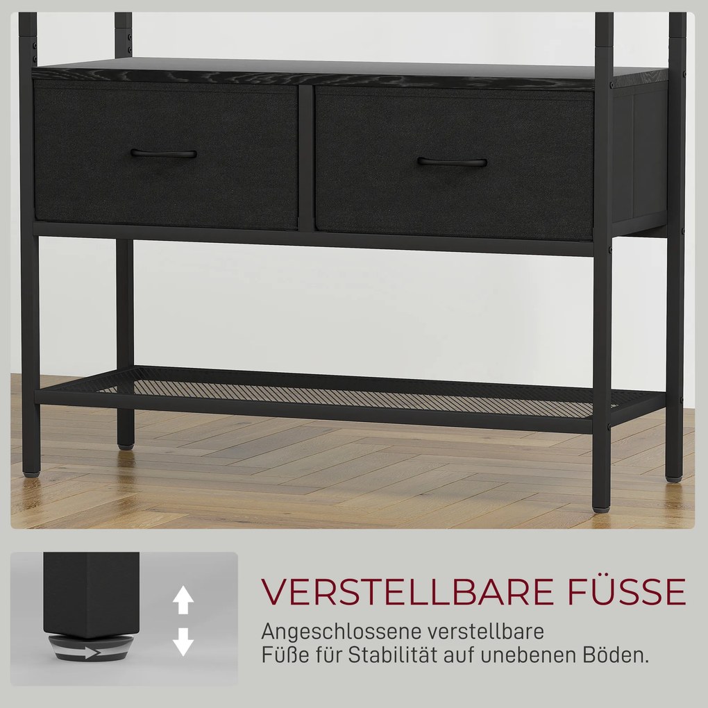 HOMCOM Stojak garderobiany z półką na buty w stylu industrialnym, 2 szuflady z materiału, 8 haczyków, metalowa rama, Czarny