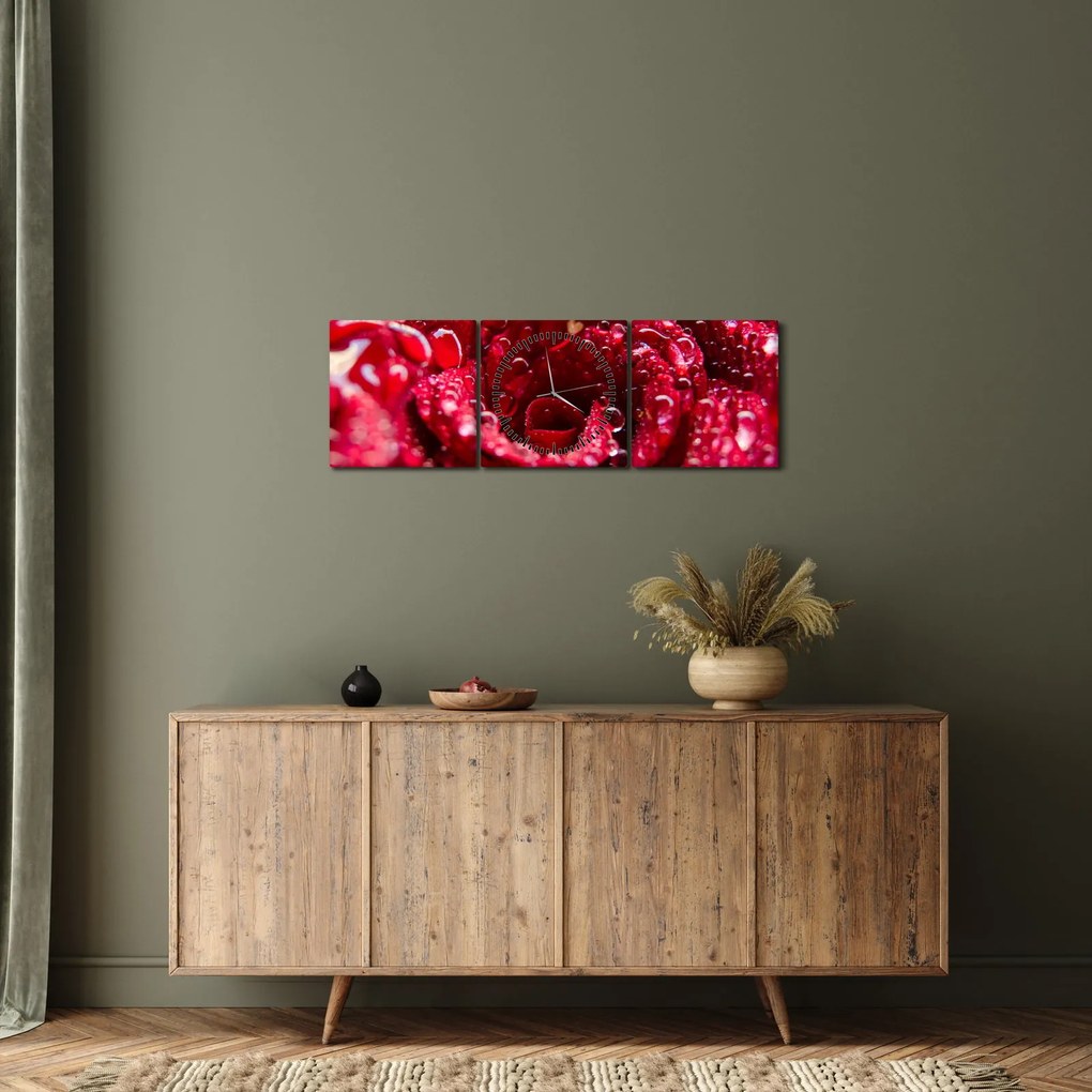 Obraz czerwonego kwiatu róży (z zegarem) (90x30 cm)