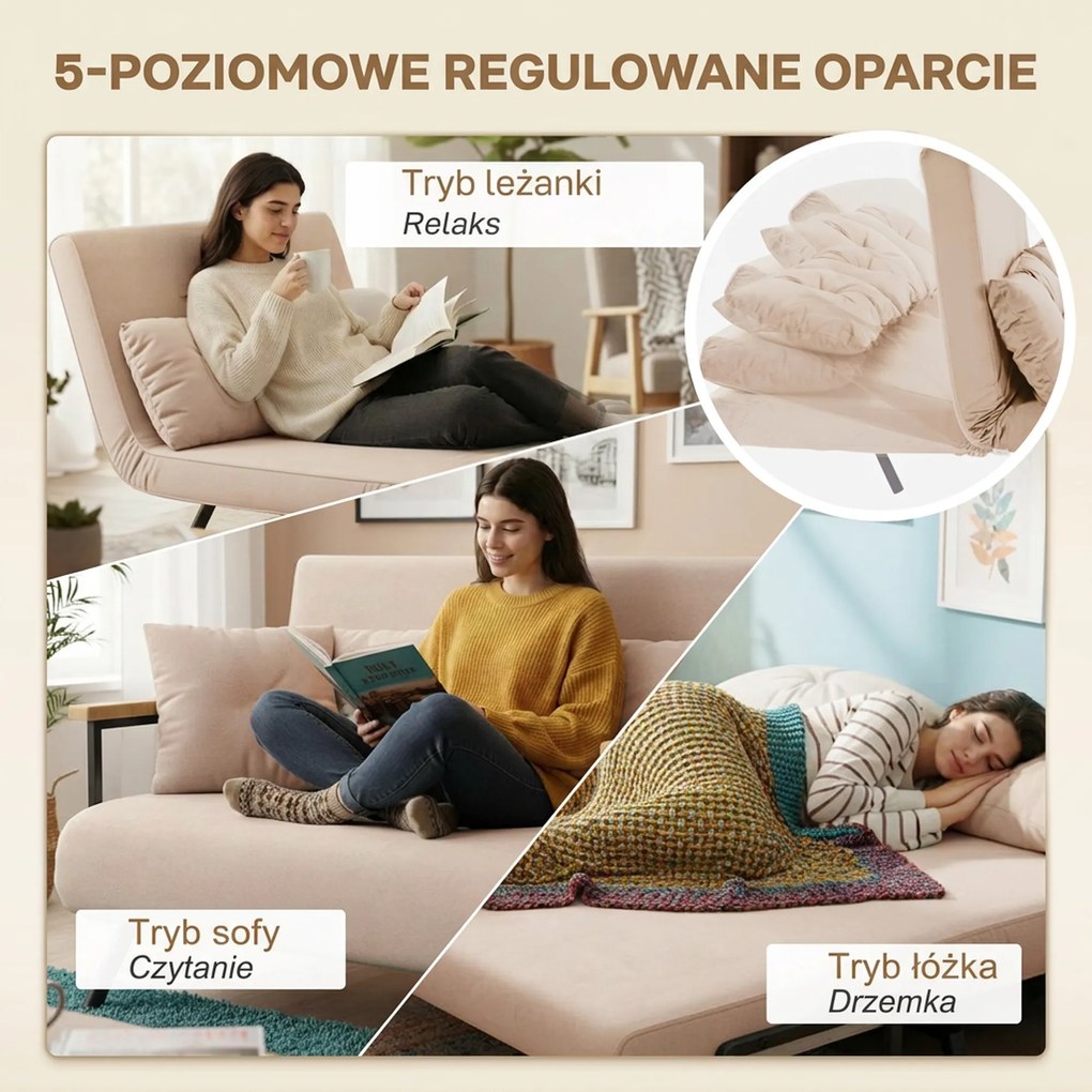 HOMCOM Sofa 2 osobowa z funkcją spania aksamitna z 2 poduszkami w kolorze naturalnym beżowym czarnym | Aosom PL