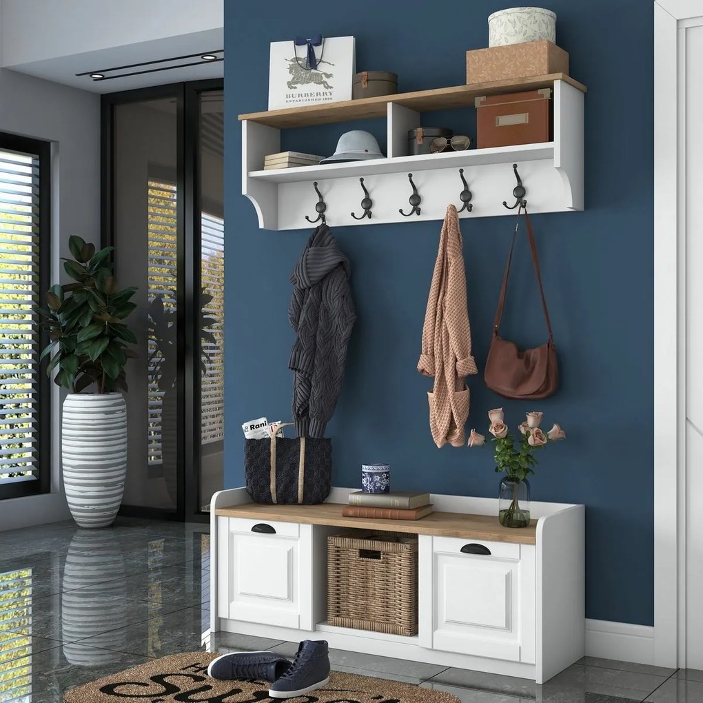 Wieszak ścienny z półką na buty Polo White and Walnut