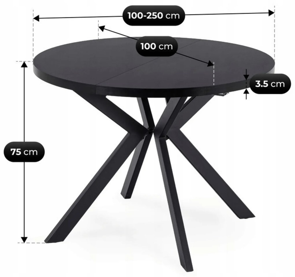 Stół Okrągły Rozkładany LUKAS 100-250 cm Czarny Nowoczesny Loft