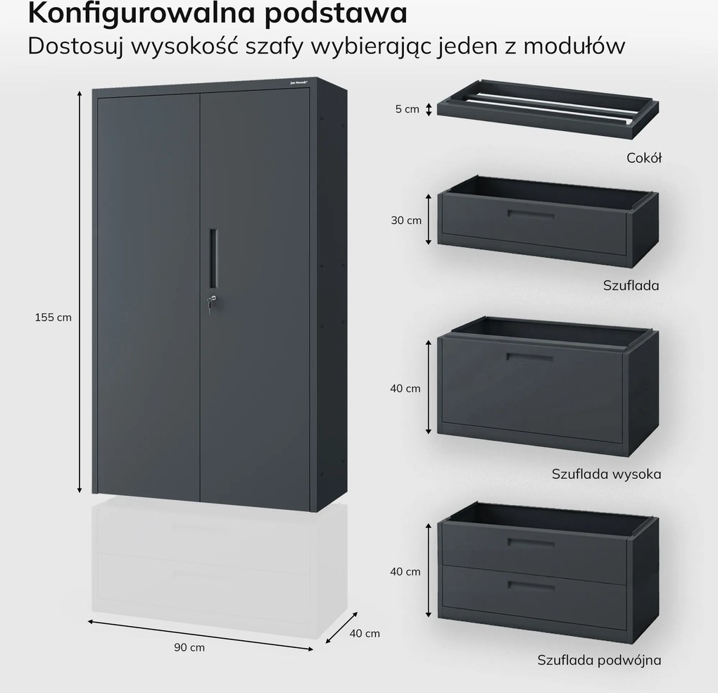 Szafa modułowa metalowa z półkami z 2 szufladami antracytowa, 1950x900x400 mm: MEGAN