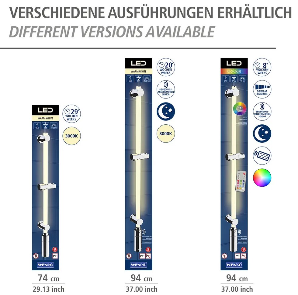 Drążek prysznicowy LED 74 cm, ciepła biel, WENKO