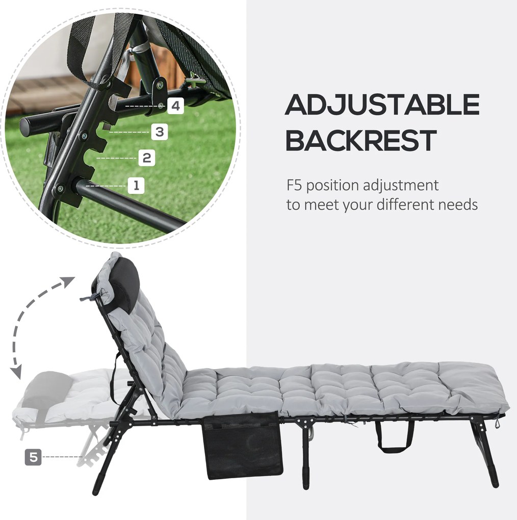 Outsunny Leżak składany, regulowane 5-pozycyjne oparcie, poduszka, wałek, do 120 kg, Stal, szary, 58 x 189 x 32,5 cm