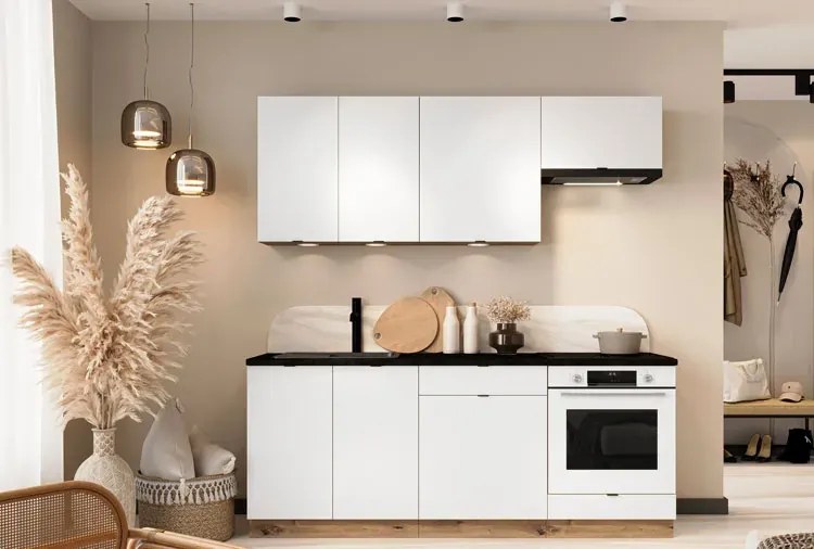 Komplet Narożnych Biały Mebli Kuchennych 260 Cm 9 Sztuk + Dąb Artisan D8-S72