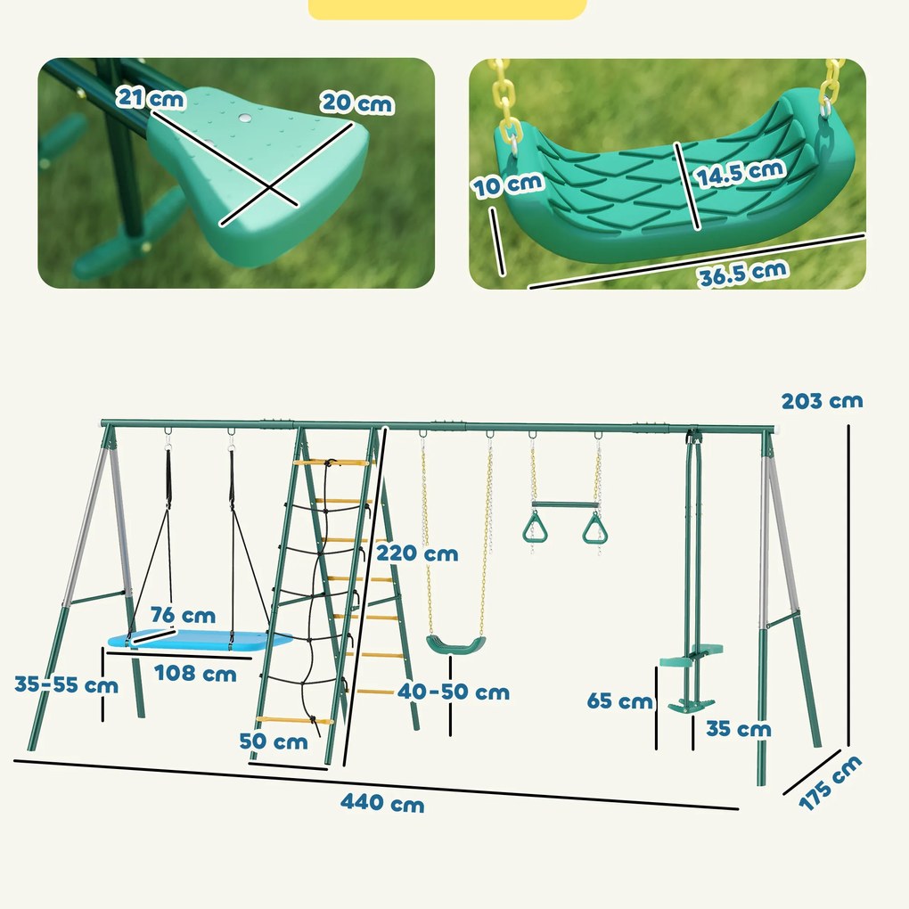 AIYAPLAY 5 w 1 huśtawka z regulowaną huśtawką typu gniazdo, kółkami gimnastycznymi, dwusiedziskiem, ścianką wspinaczkową, dla dzieci 3-8 lat, 440x175x203 cm | Aosom PL