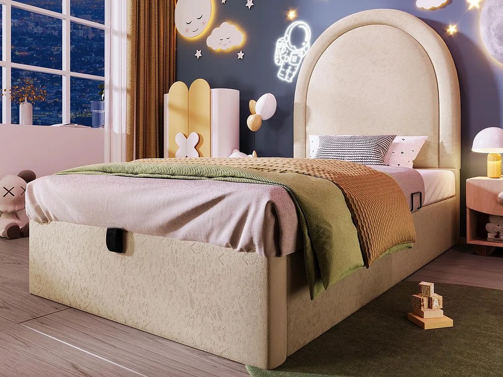 Łóżko dziecięce tapicerowane w skórze ekologicznej z wzorem - 90x190cm - z miejscem do przechowywania - Beżowe