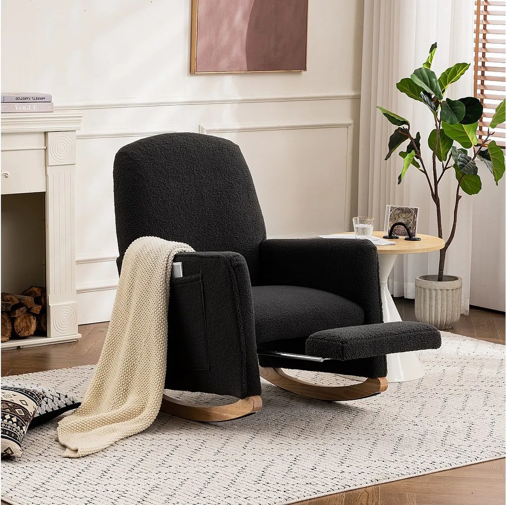 Fotel bujany do salonu, ciemnoszary plusz, fotel bujany z wysuwanym podnóżkiem, rama drewniana