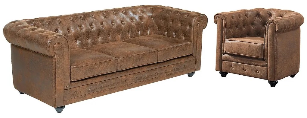 Kanapa 3-osobowa i fotel CHESTERFIELD z mikrofibry o wyglądzie postarzanej skóry