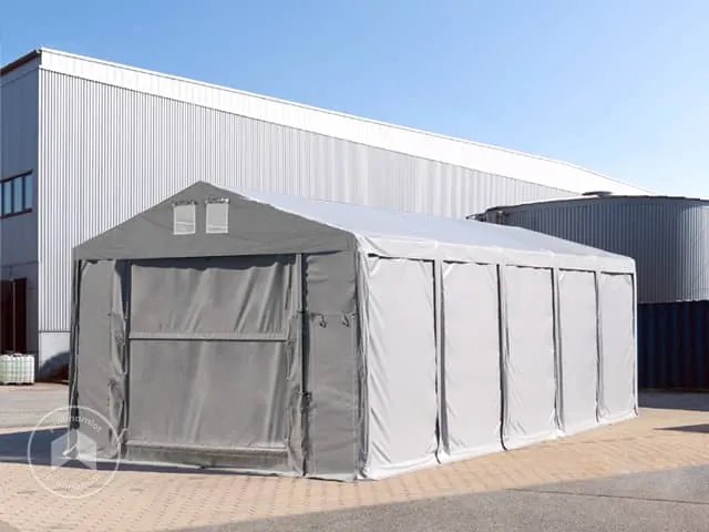 TOOLPORT 4x10m Namiot magazynowy - 3,0 m wysokość ścian bocznych z podciąganą do góry bramą, PVC 850, szary, ze statyką (podłoże betonowe) - (94014)