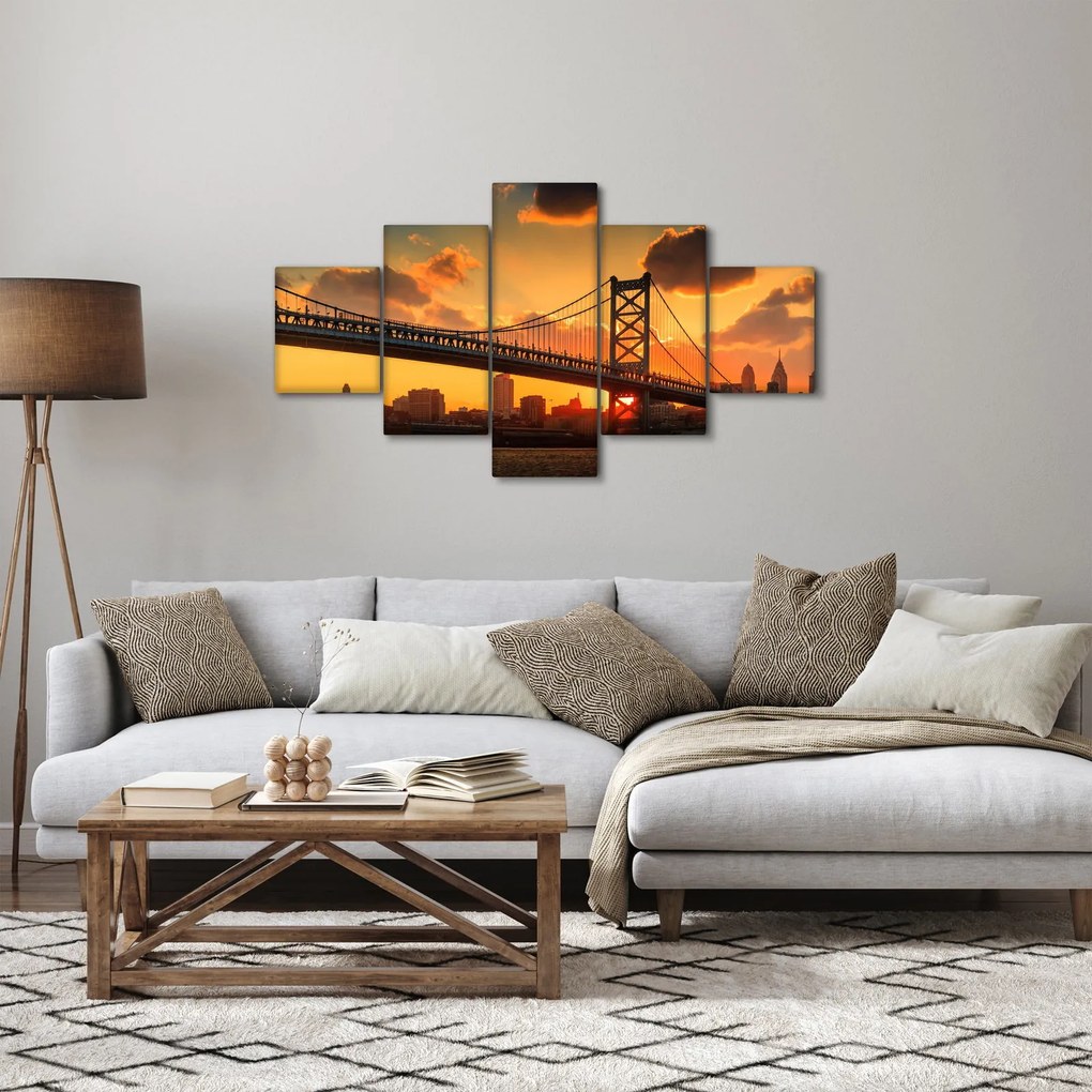Obraz - Zachód słońca nad mostem Bena Franklina, Filadelfia (125x70 cm)