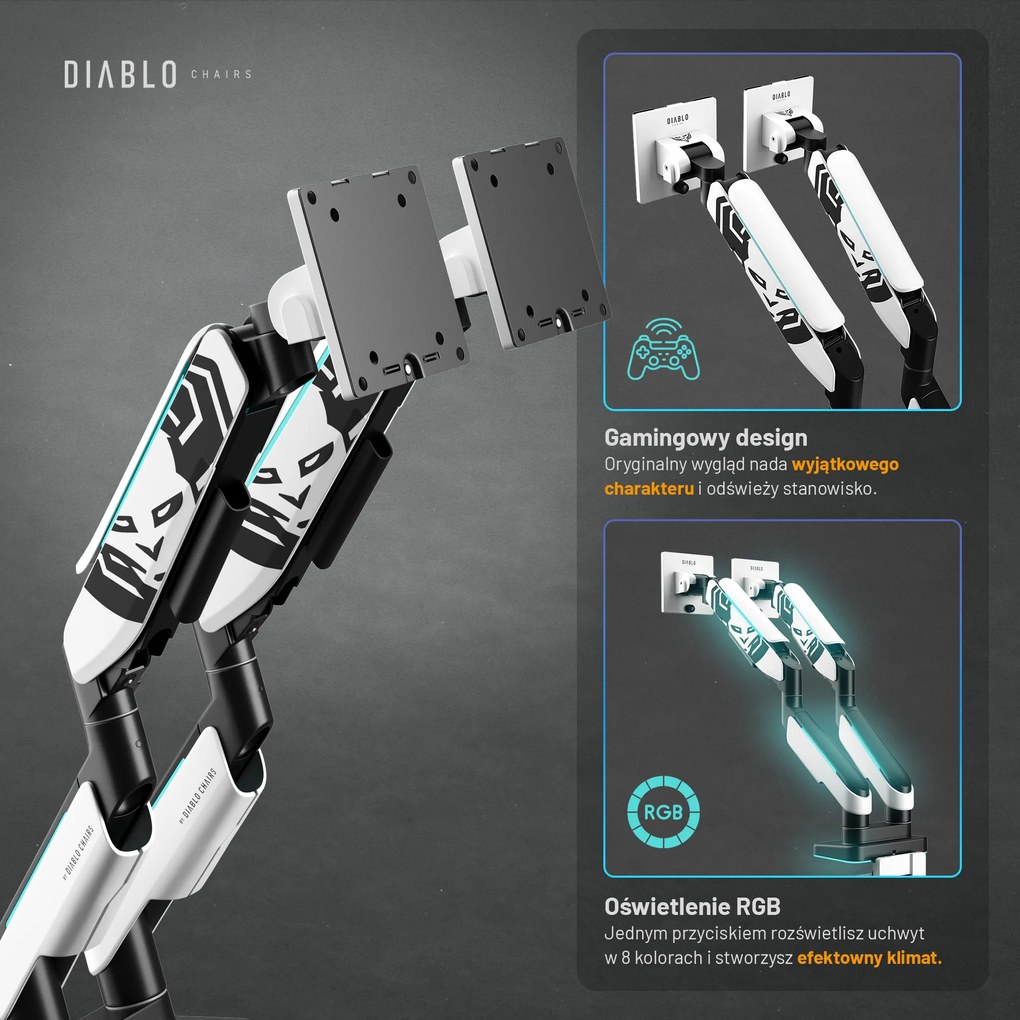 Podwójny uchwyt na monitory 49 cali, biało-czarny X-Arm Dual RGB