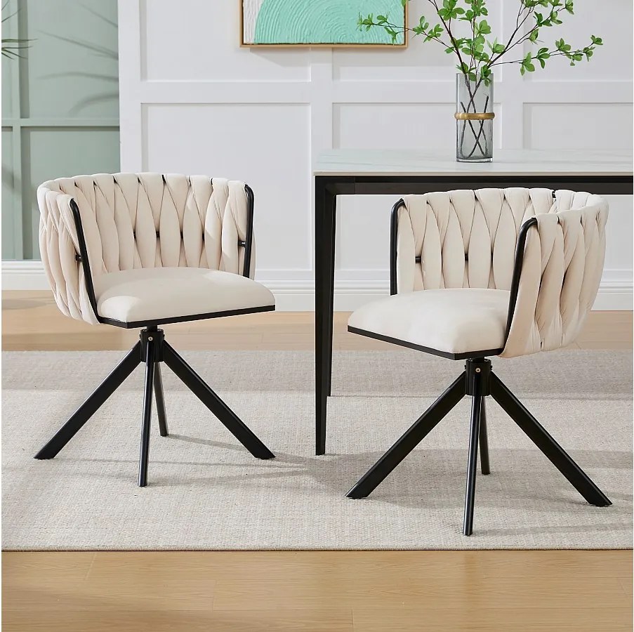 Zestaw 2 krzeseł do jadalni z aksamitu w kolorze kości słoniowej z funkcją obrotową i czarnymi metalowymi nogami