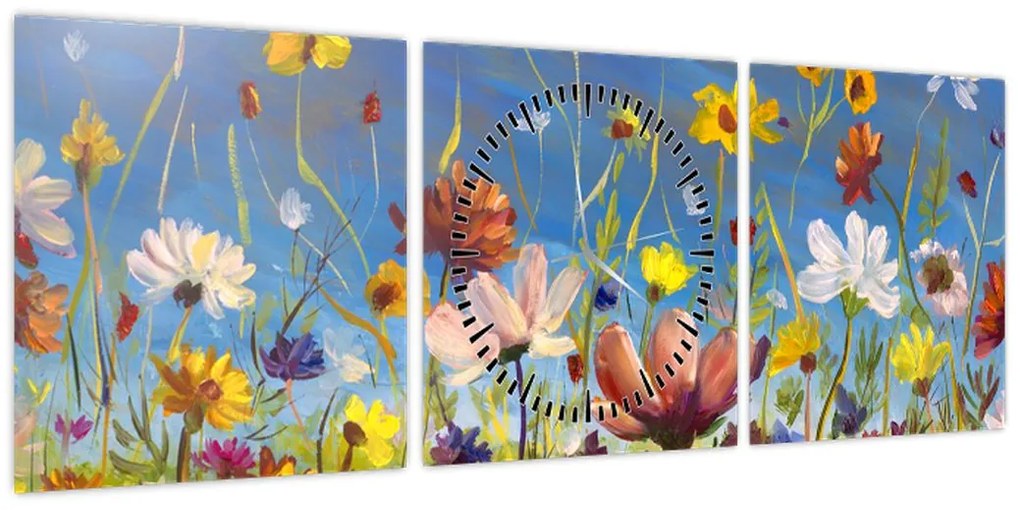 Malowany obraz kwitnącej łąki (z zegarem) (90x30 cm)