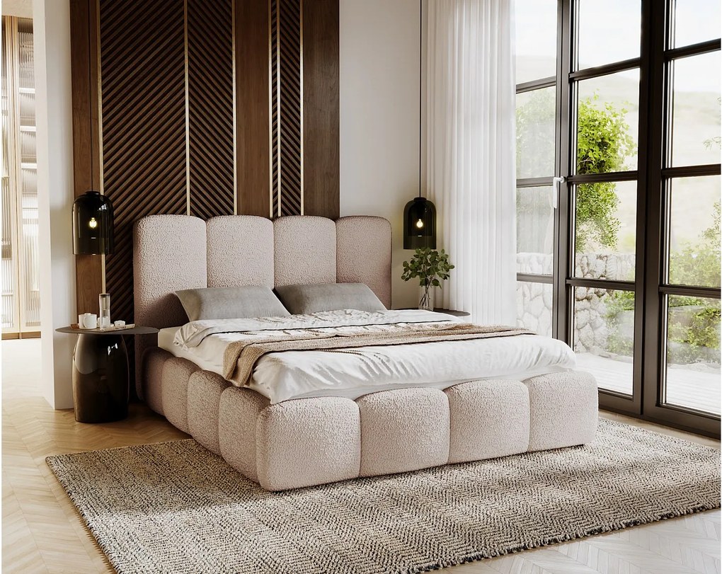 Emporius Merkad Boucle łóżko tapicerowane 160x200 - łóżko z pojemnikiem, gruba pianka, stelaż - elegancki design, tkanina boucle, beżowy (Anthology 3)