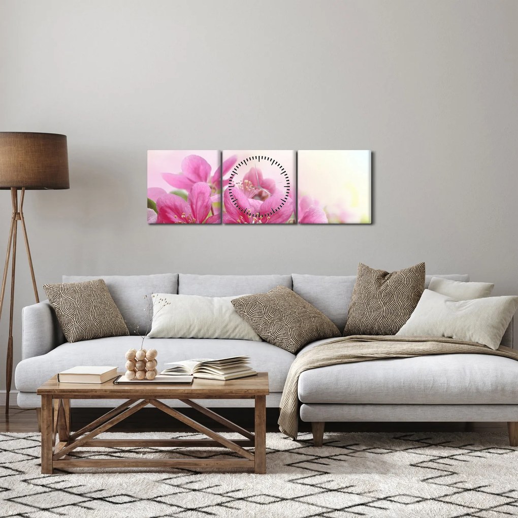 Obraz - Różowe kwiaty (z zegarem) (90x30 cm)