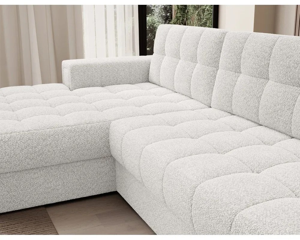 Kremowy rozkładany narożnik z materiału bouclé (lewostronny/z szezlongiem) Blezalt – ELTAP