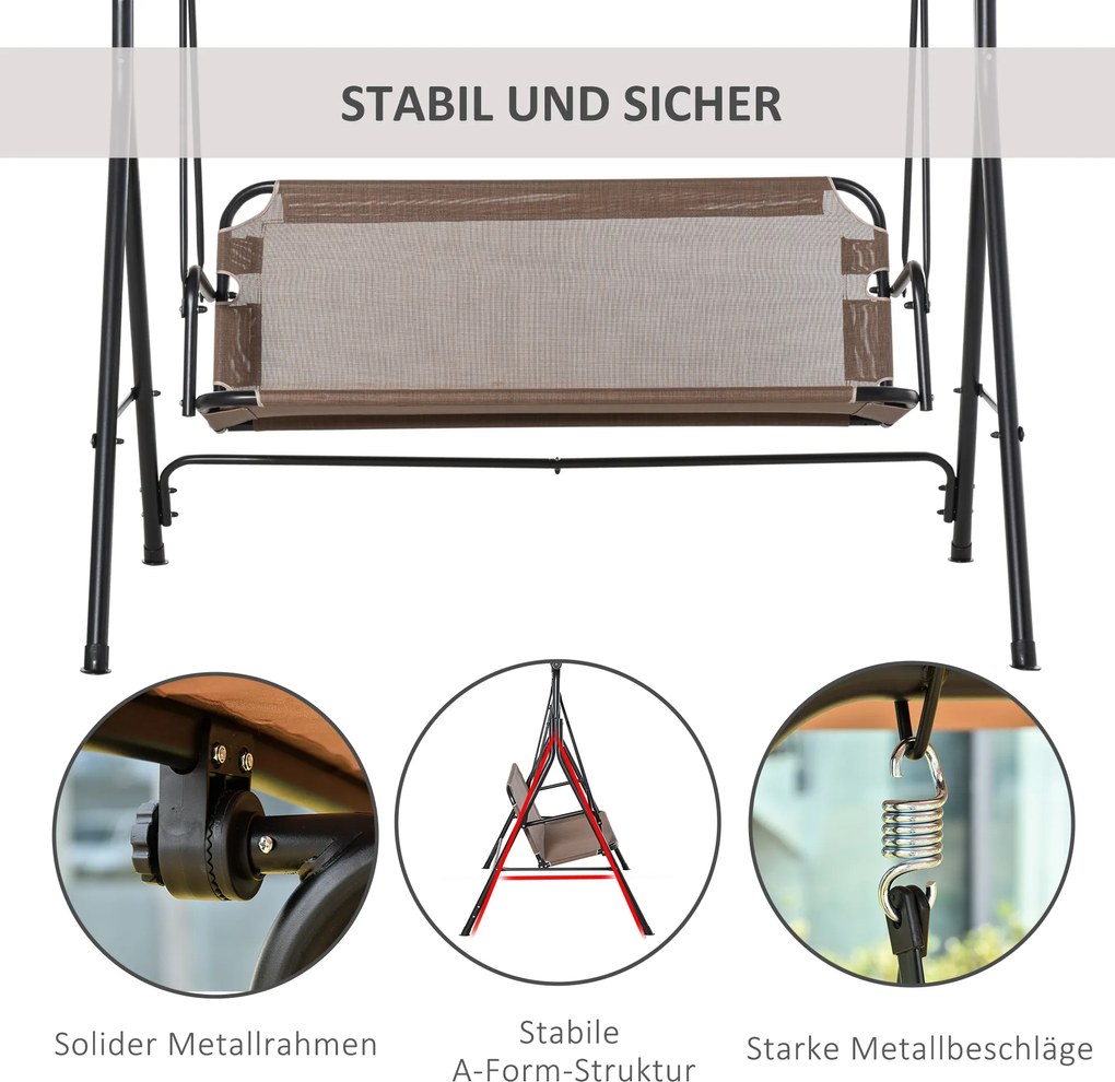 Outsunny Huśtawka 2-osobowa z Dachem Metalowa Odporna na UV Idealna do Wypoczynku w Ogrodzie Brązowy | Aosom PL