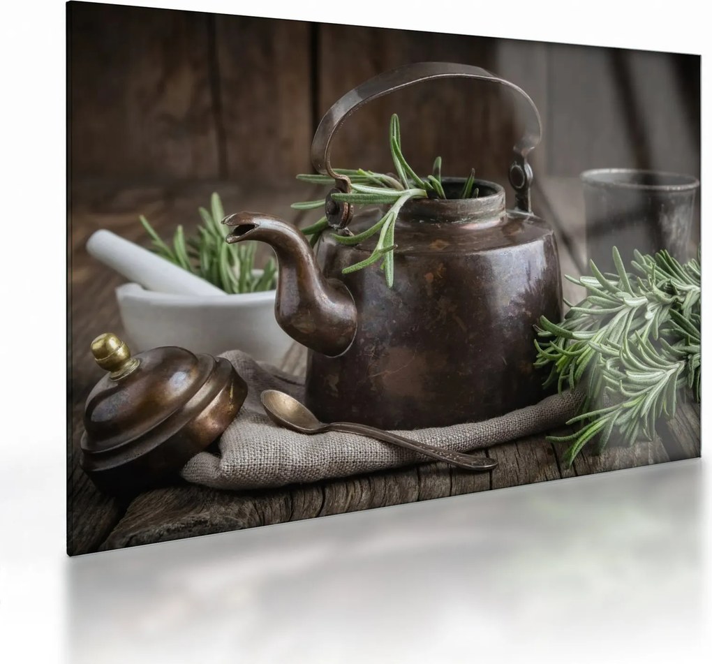 Obraz na szkle - Czajniczek z rozmarynem (70x50 cm)