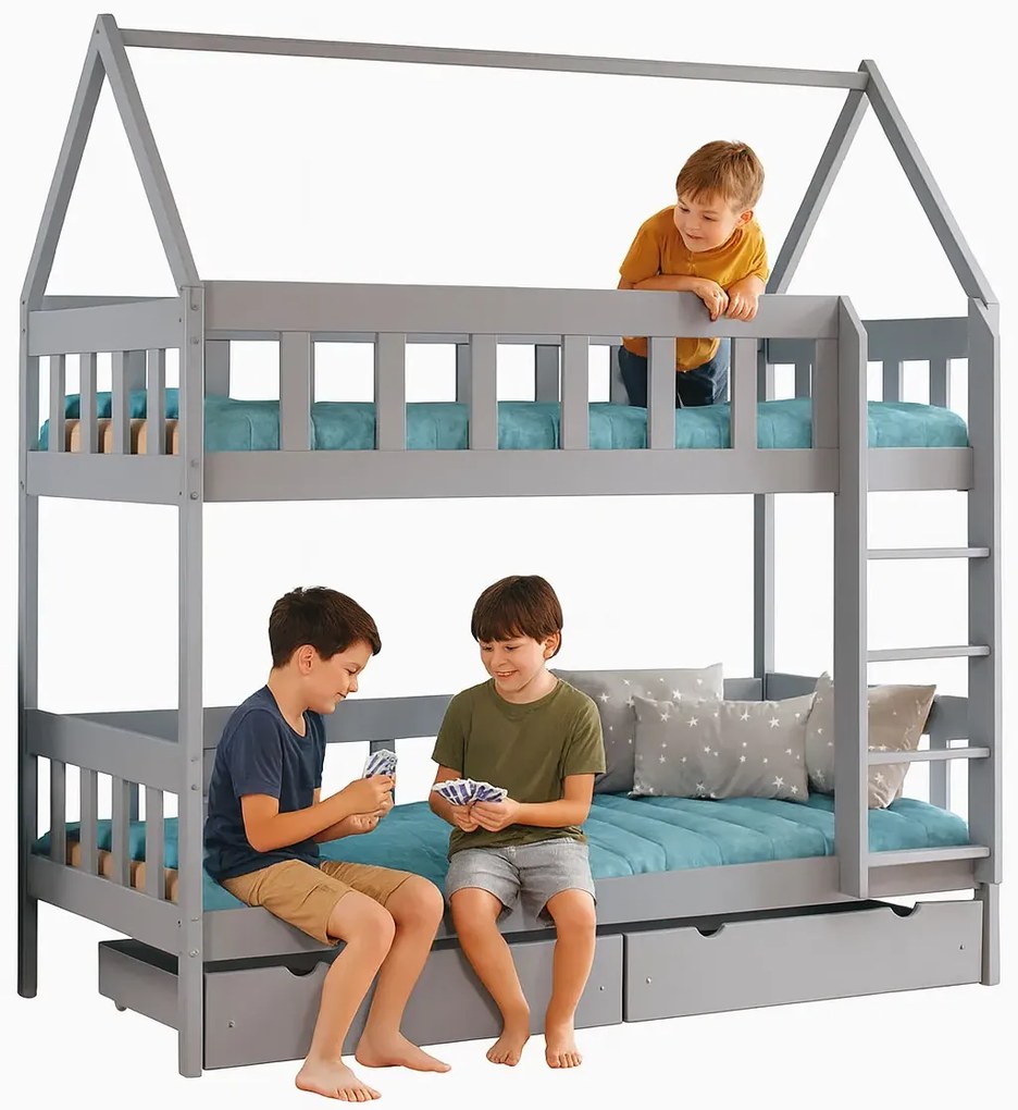 Szare łóżko piętrowe domek dla dzieci 2-osobowe K4-S95