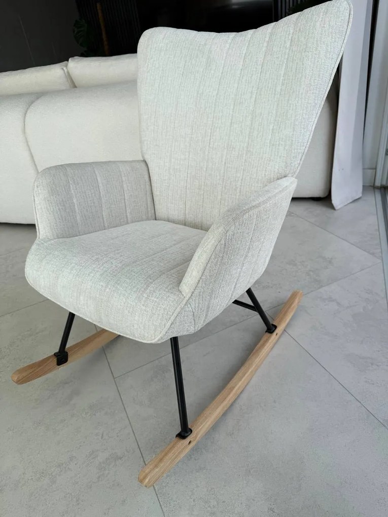 Fotel wypoczynkowy bujany do salonu, sypialni, jasny beż tkanina strukturalna, FW7