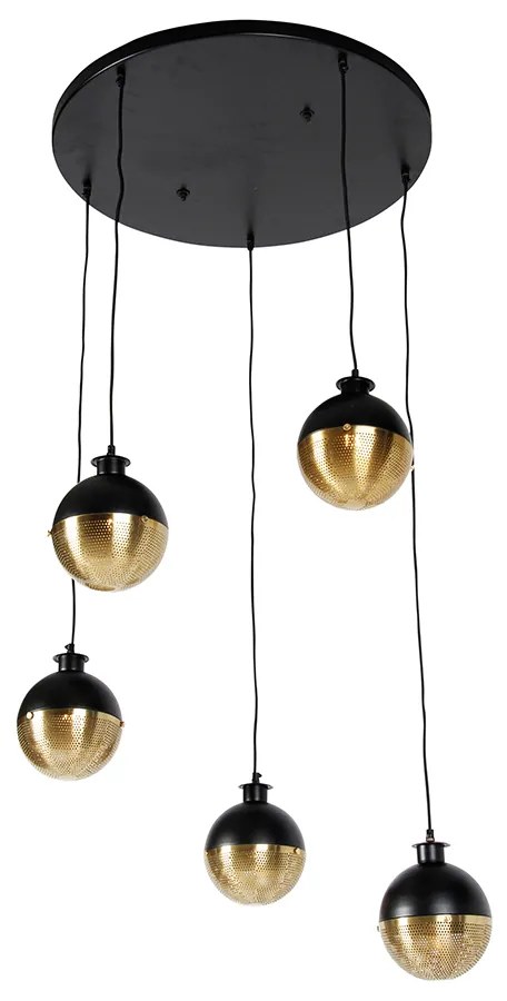 Industrialna lampa wisząca czarna z mosiądzem 5-światłowa - HaichaPrzemysłowy Oswietlenie wewnetrzne