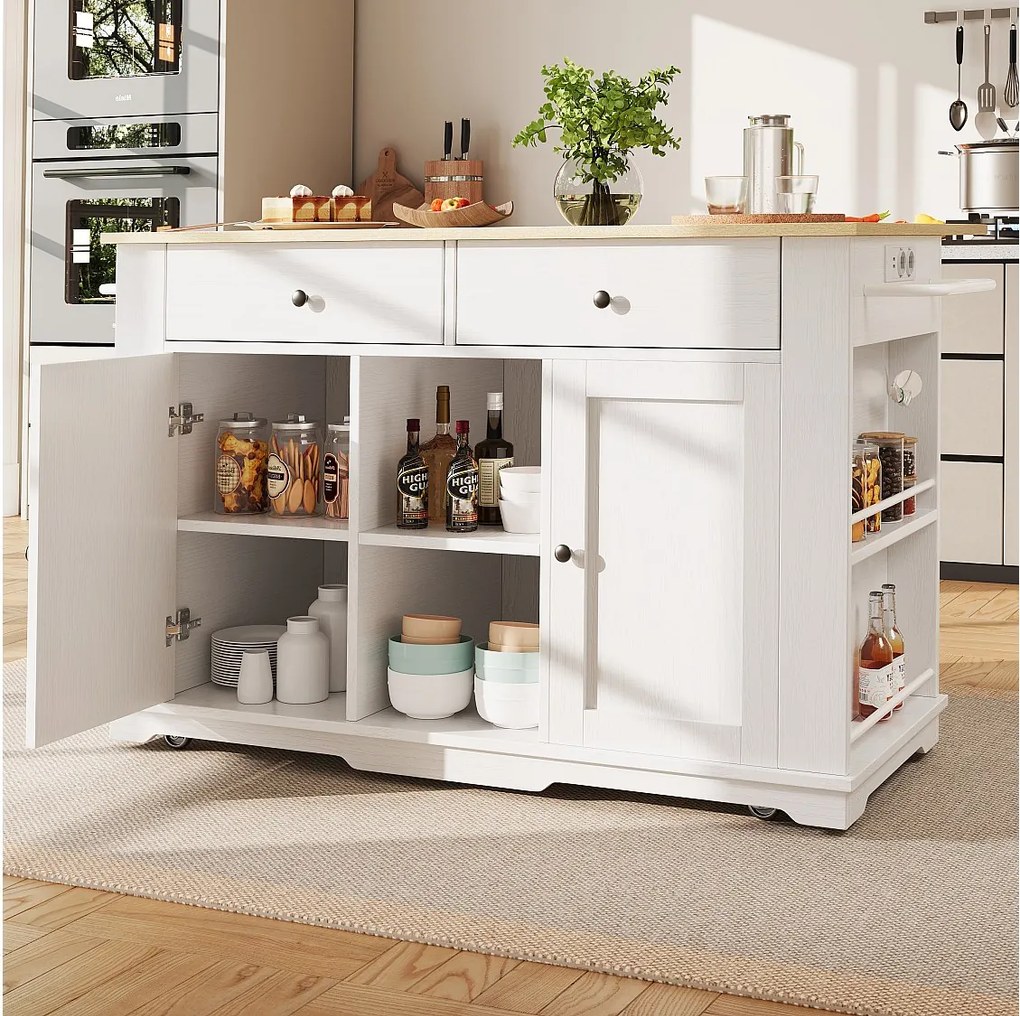 Mobilna wyspa kuchenna z 2 drzwiami, 2 szufladami i półkami bocznymi - rozkładany blat - 151,5x59,7(84,7)x91,7cm - MDF - biały