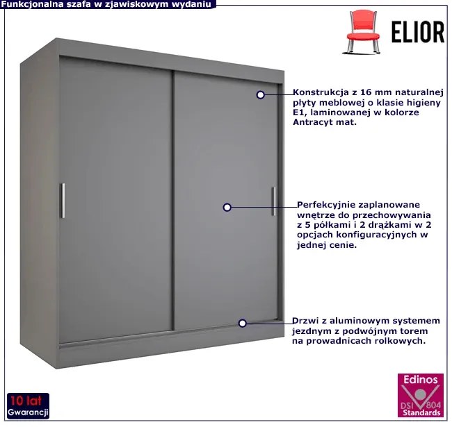 Antracytowa szafa przesuwna 180 cm - Erco 5X