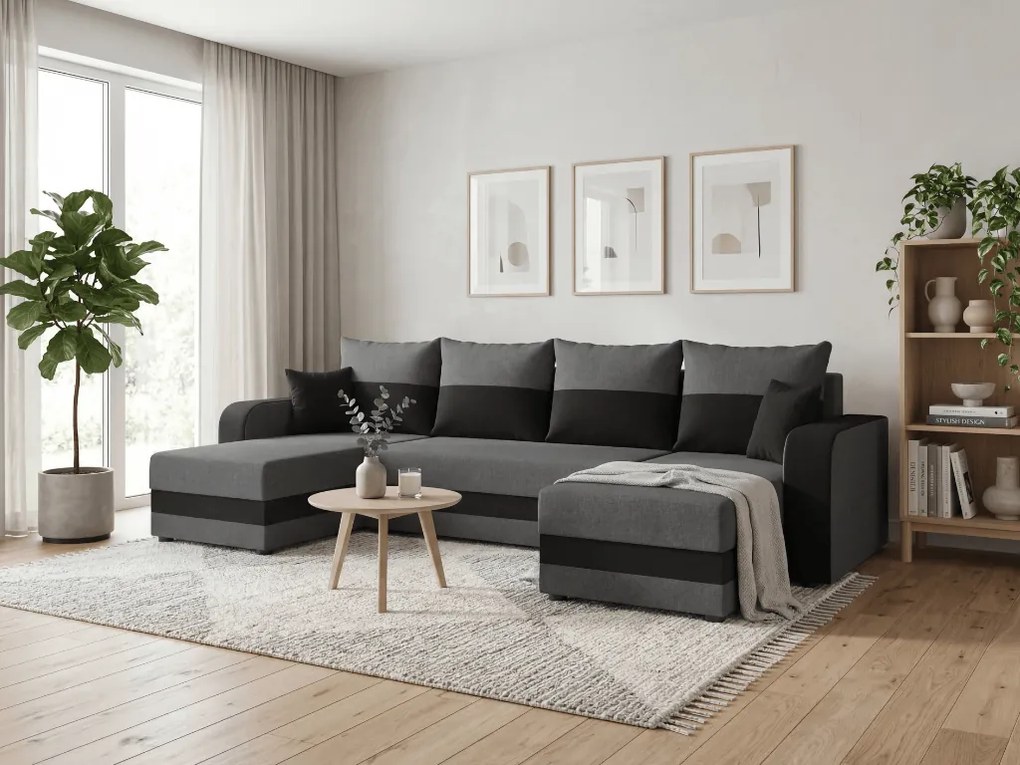 Rozkładana sofa narożna w kształcie U VALERIO 305x140 cm, ciemnoszara/antracytowa
