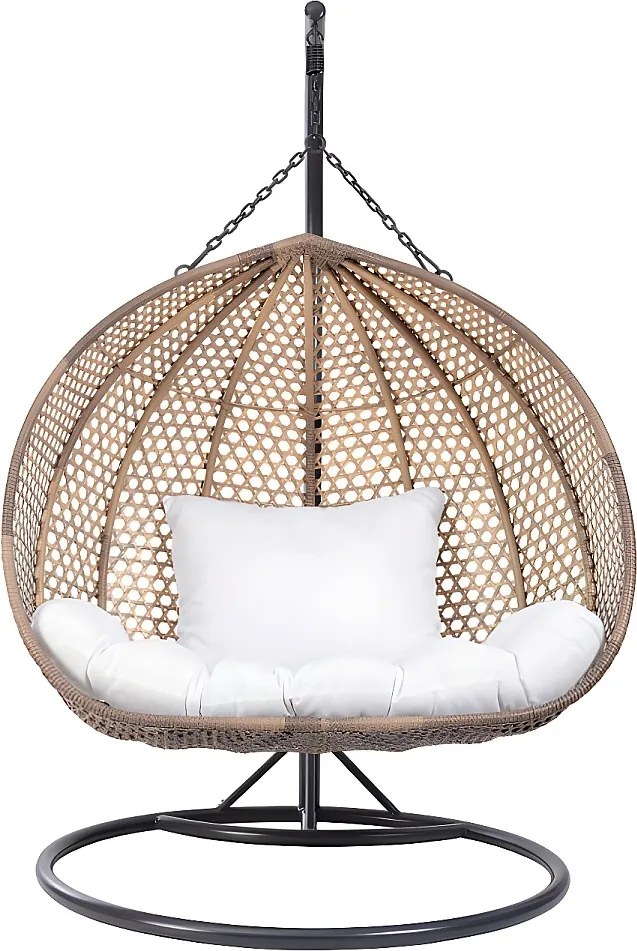 Wiszący fotel 2-osobowy  z technorattanu w kolorze beżowym z białą poduszką - VAHINA