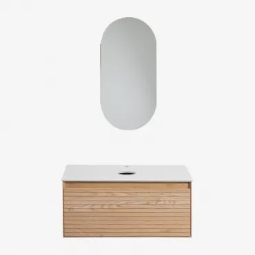 Zestaw Wiszących Mebli Łazienkowych Z Drewna Jesionowego Tedrik Popielaty Brąz & Without Sink & Owalny Ze Schowkiem 45x90 Cm Abner & Bez Kranu - Sklum