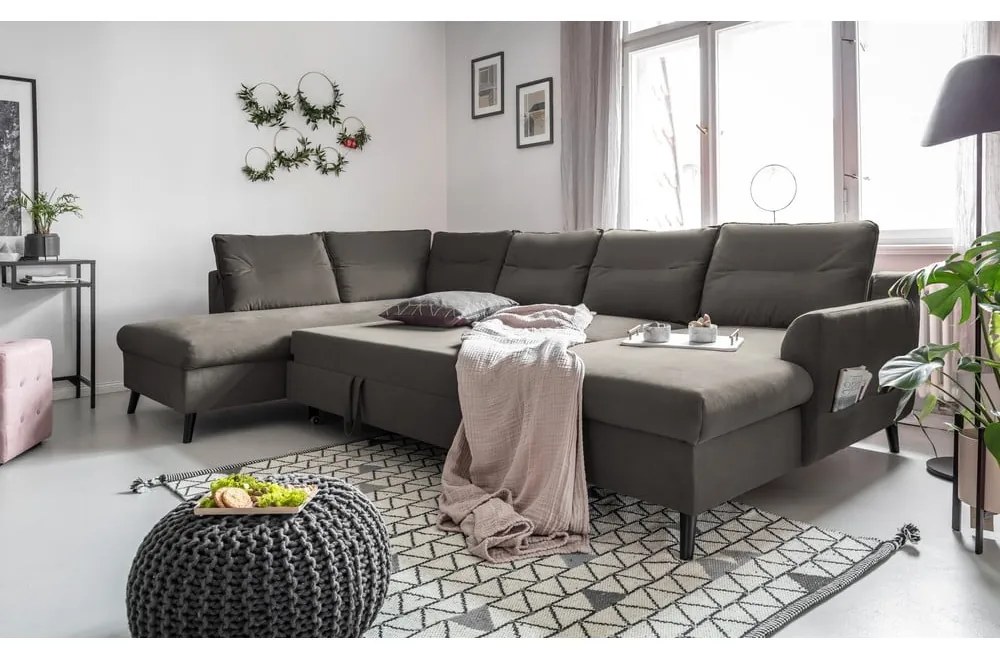 Ciemnoszara aksamitna rozkładana sofa w kształcie litery "U" Miuform Stylish Stan, lewostronna