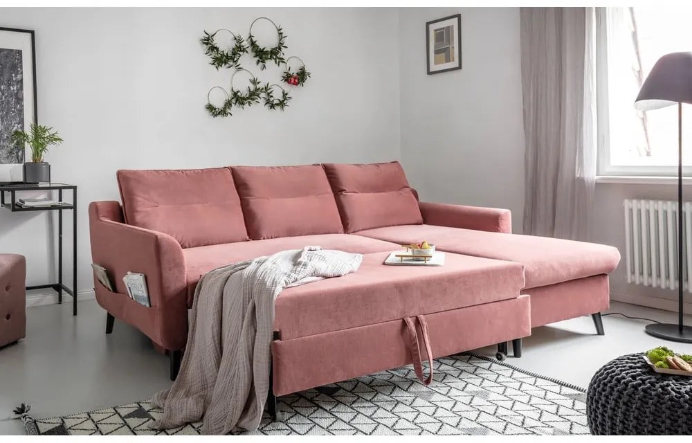 Różowy aksamitny narożnik rozkładany Miuform Stylish Stan, prawostronny